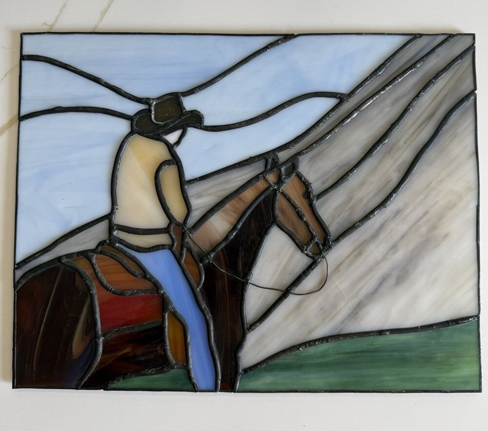 Vintage Western Equsterian Stained Glass Panel Sun Catcher Horse Cowboy 11x8”